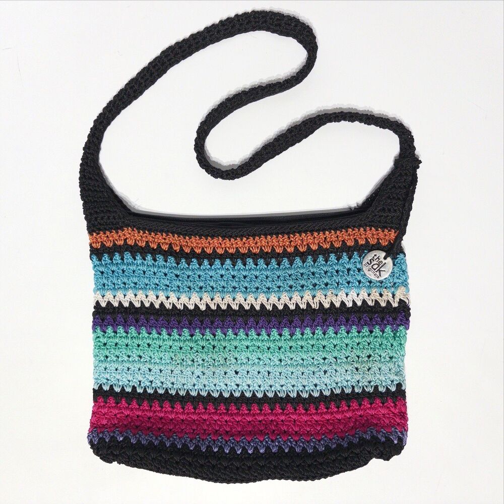 The Sak Colorful Striped Crochet 90s Y2K Style Crossbody Bag 13"x10"x2.5" (P2)
